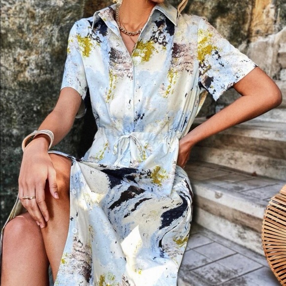 Boho tie dye drawstring waist shirt belted dress - Picture 4 of 5